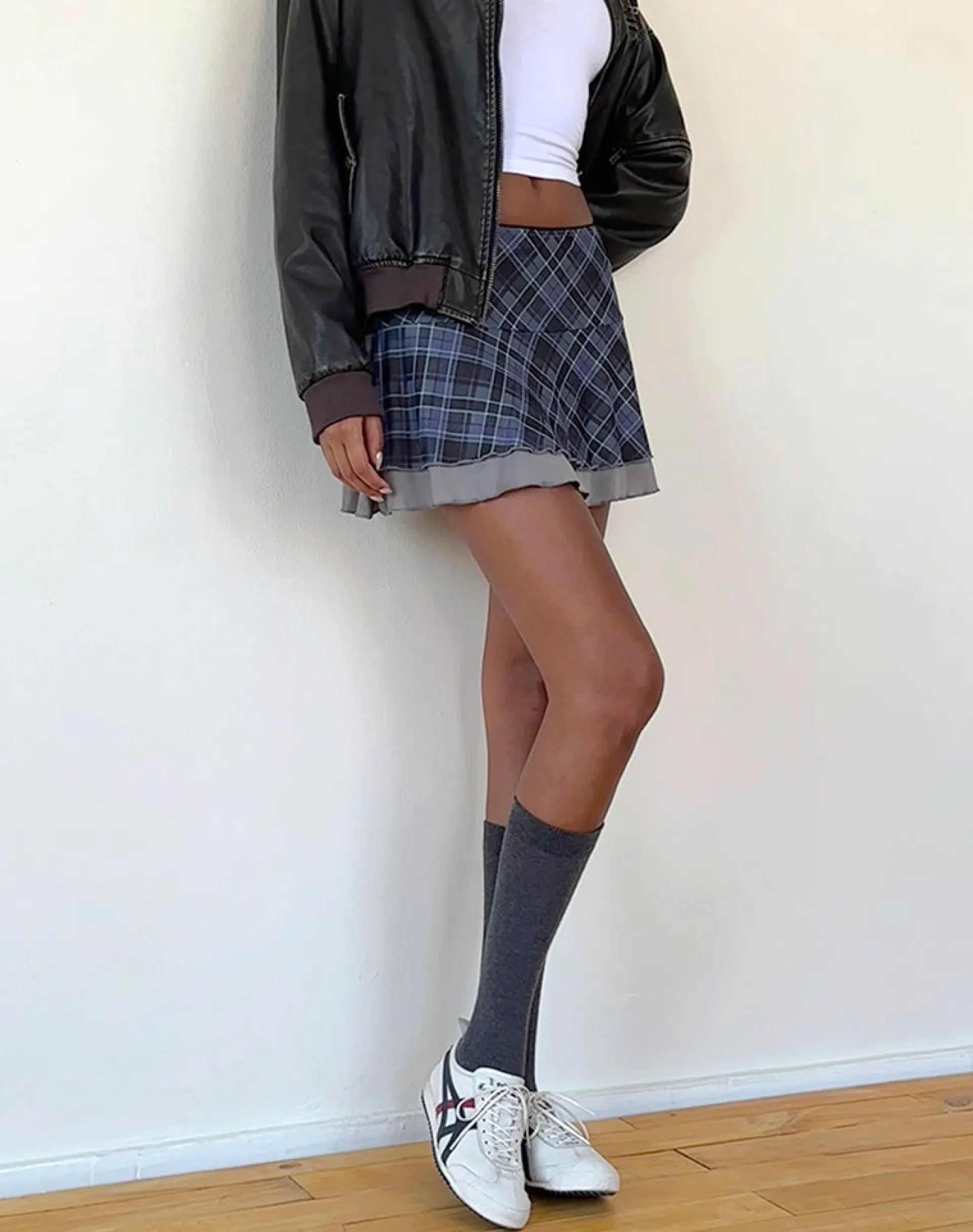 Motel Rocks Printed Skirts-Friska Mini Skirt in Blue Grey Check Mesh BlueGreyCheckMesh