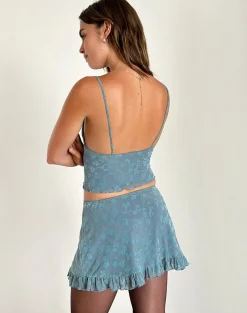 Motel Rocks Co-Ords | Printed Skirts-Fritia Mini Skirt in Grunge Floral Blue Grey