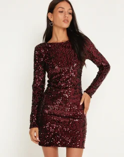 Motel Rocks Long Sleeve Dresses-Gabby Mini Dress in Sequin Burgundy SequinBurgundy