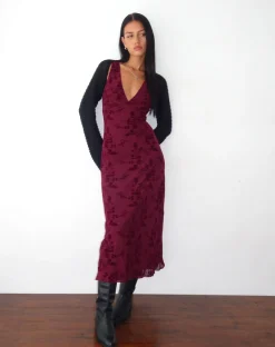 Motel Rocks Printed Dresses | Day Dresses-Gabriela Midi Dress in Botanical Flower Maroon BotanicalFlowerMaroon