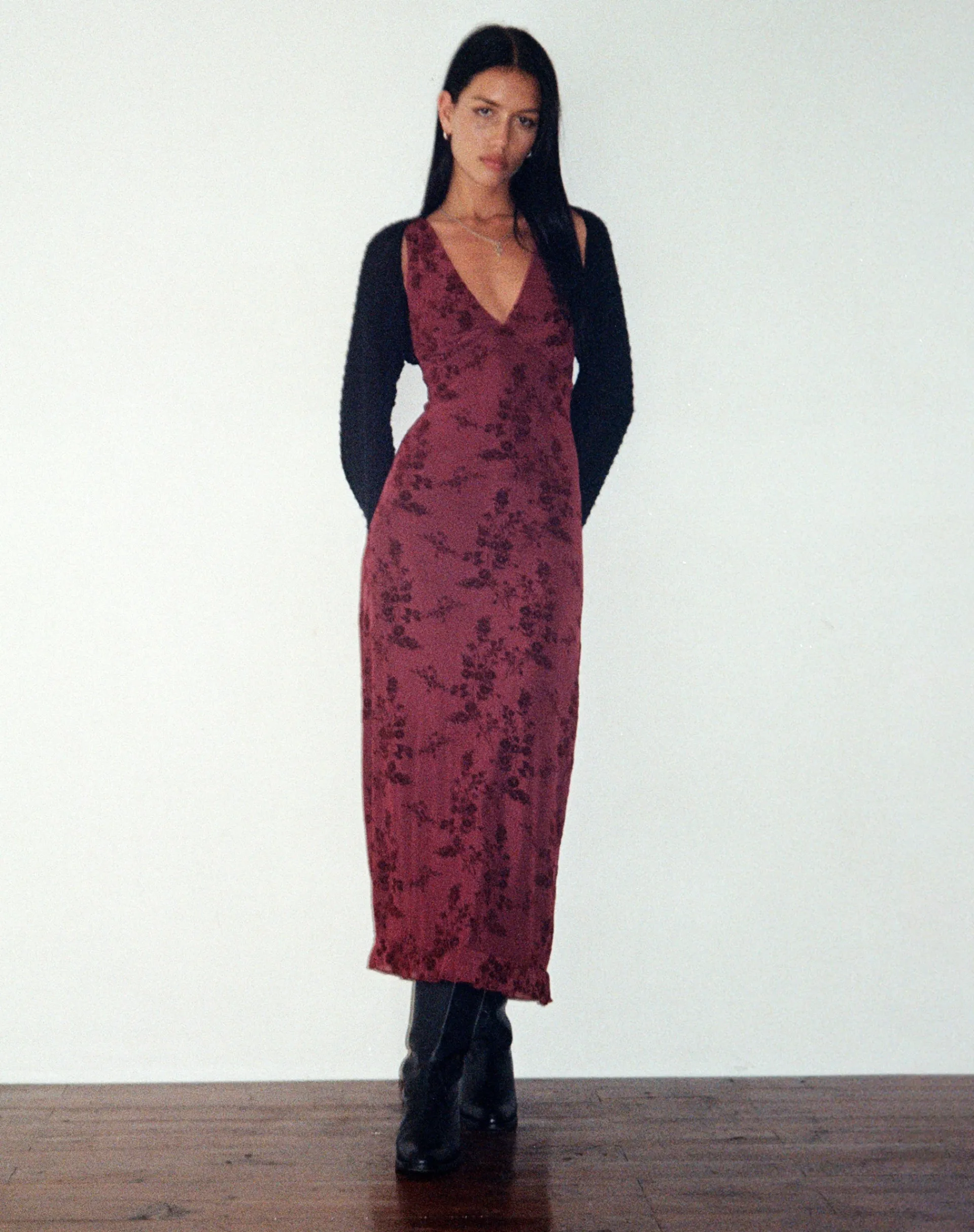 Motel Rocks Printed Dresses | Day Dresses-Gabriela Midi Dress in Botanical Flower Maroon BotanicalFlowerMaroon
