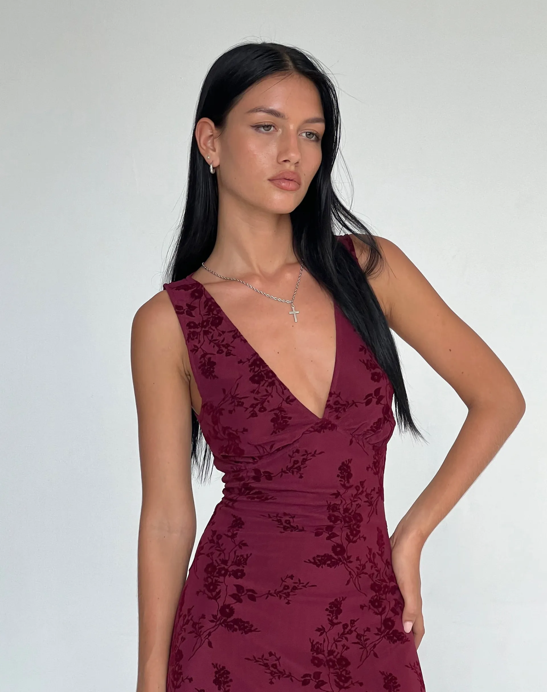 Motel Rocks Printed Dresses | Day Dresses-Gabriela Midi Dress in Botanical Flower Maroon BotanicalFlowerMaroon
