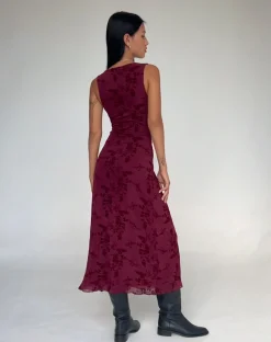 Motel Rocks Printed Dresses | Day Dresses-Gabriela Midi Dress in Botanical Flower Maroon BotanicalFlowerMaroon