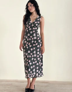 Motel Rocks Printed Dresses | Midi Dresses-Gabriela Midi Dress in Falling Rose Jet Black FallingRoseJetBlack