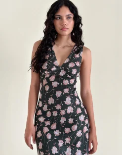 Motel Rocks Printed Dresses | Midi Dresses-Gabriela Midi Dress in Falling Rose Jet Black FallingRoseJetBlack