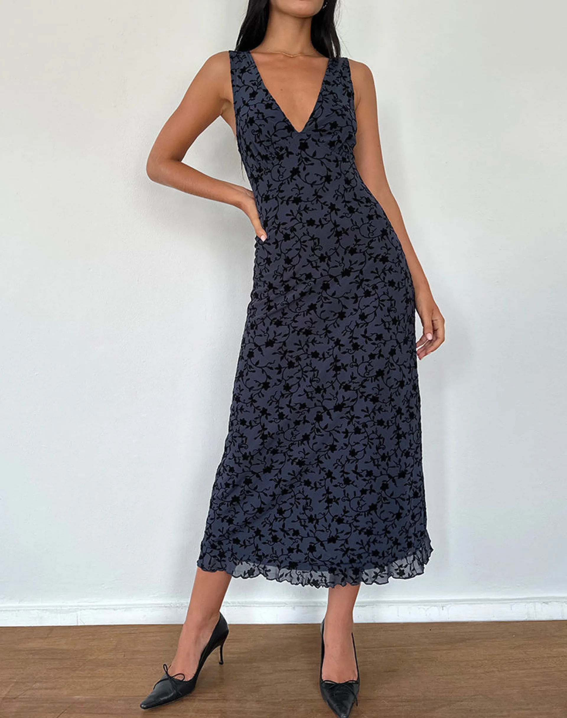 Motel Rocks Midi Dresses-Gabriela Midi Dress in Flocked Petal Navy FlockedPetalNavy