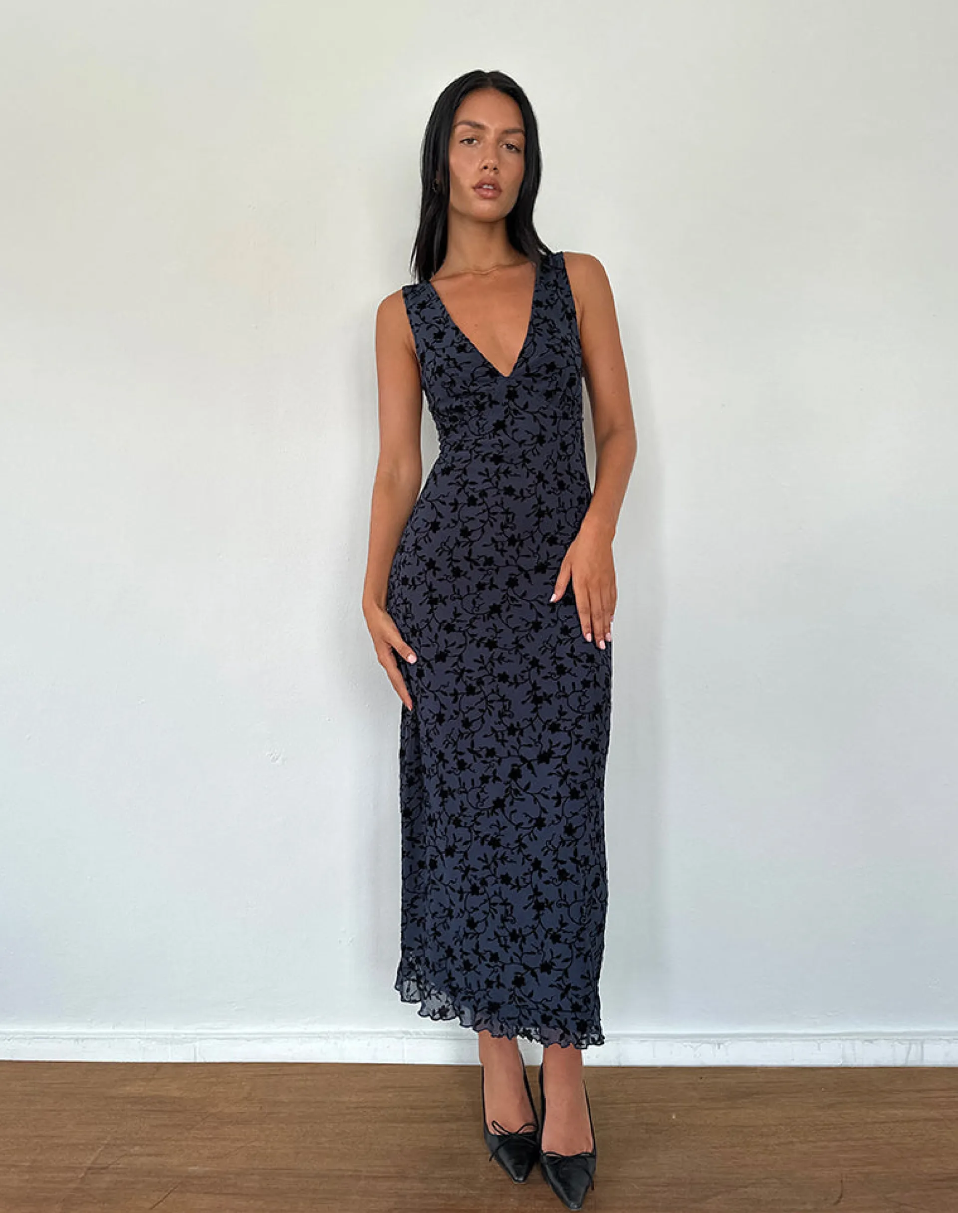 Motel Rocks Midi Dresses-Gabriela Midi Dress in Flocked Petal Navy FlockedPetalNavy