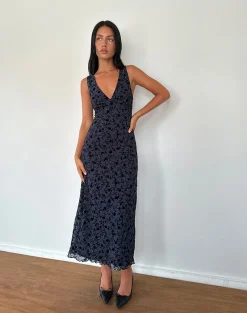 Motel Rocks Midi Dresses-Gabriela Midi Dress in Flocked Petal Navy FlockedPetalNavy