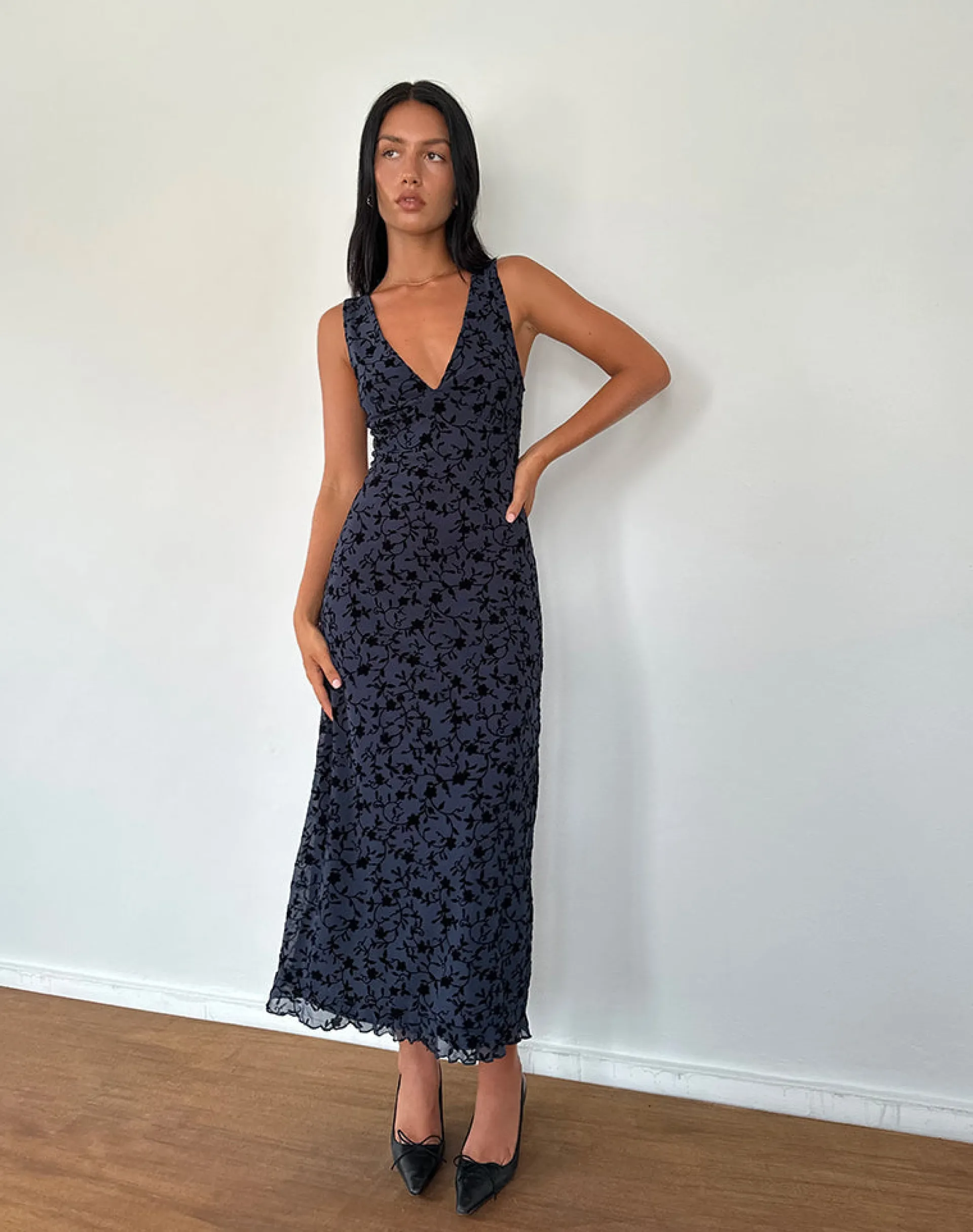 Motel Rocks Midi Dresses-Gabriela Midi Dress in Flocked Petal Navy FlockedPetalNavy