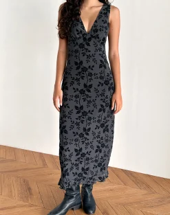 Motel Rocks Printed Dresses | Midi Dresses-Gabriela Midi Dress in Vine Flocked Floral Ocean Storm VineFlockedFloralOceanStorm