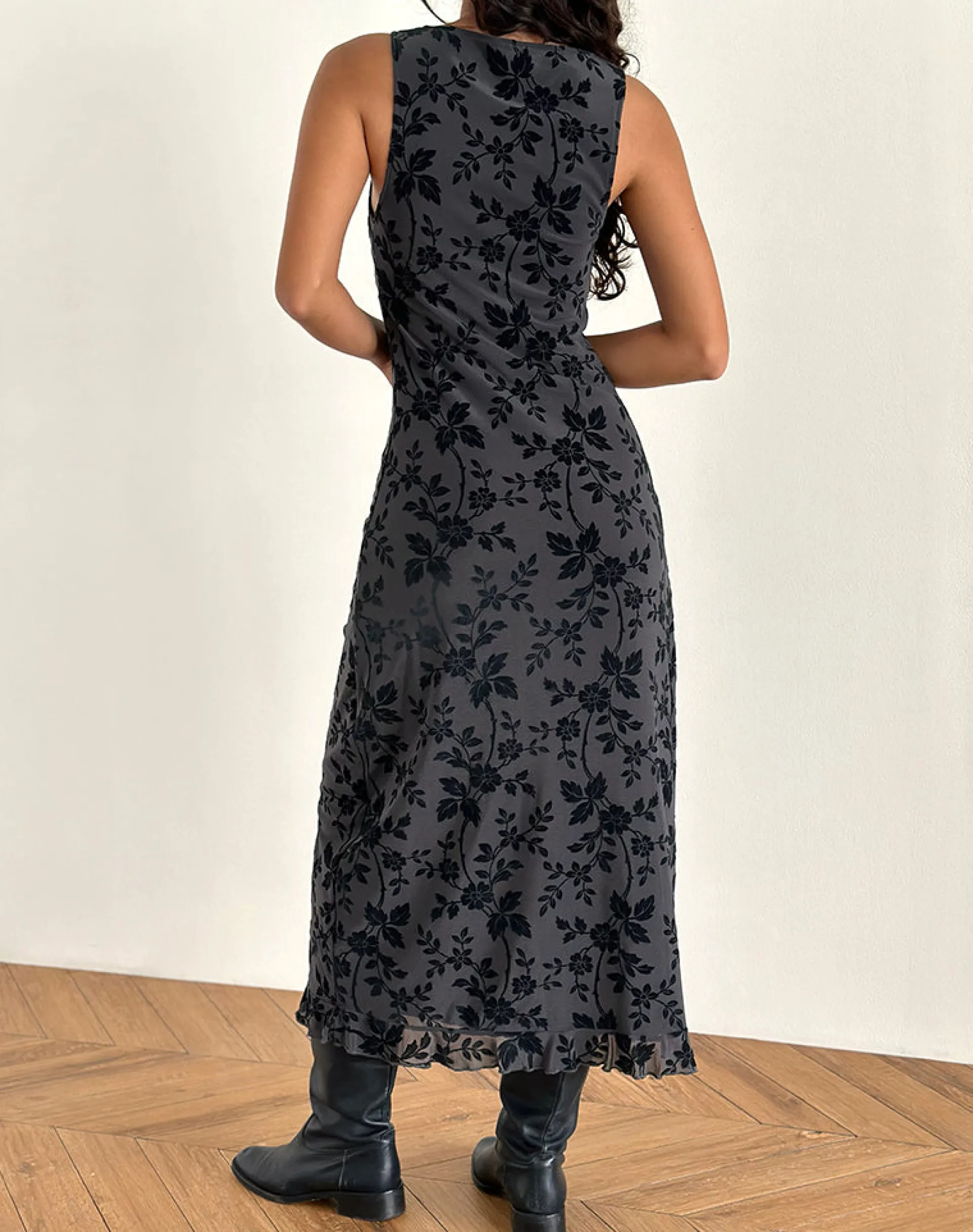 Motel Rocks Printed Dresses | Midi Dresses-Gabriela Midi Dress in Vine Flocked Floral Ocean Storm VineFlockedFloralOceanStorm