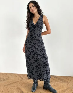 Motel Rocks Printed Dresses | Midi Dresses-Gabriela Midi Dress in Vine Flocked Floral Ocean Storm VineFlockedFloralOceanStorm