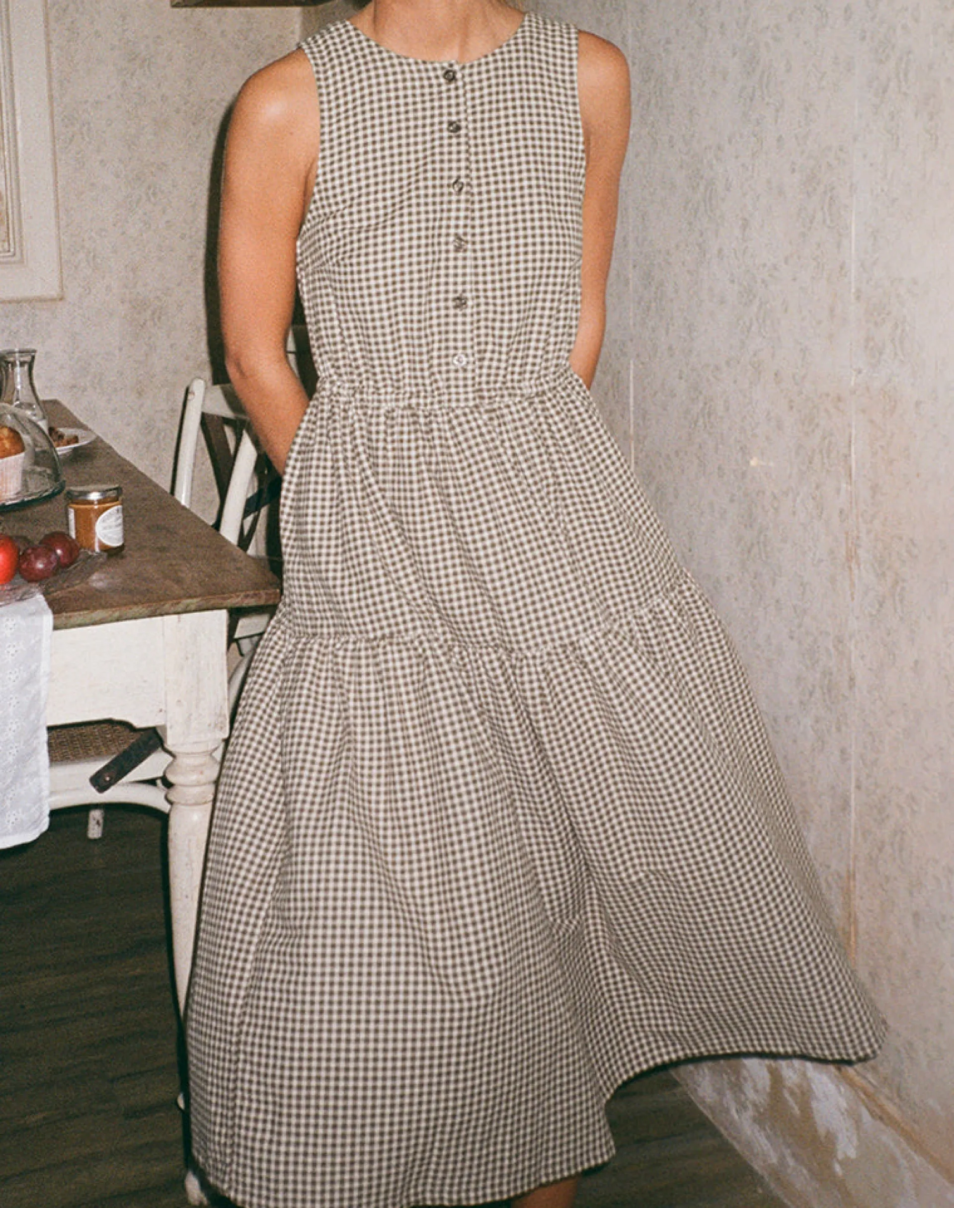 Motel Rocks Day Dresses | Midi Dresses-Galuh Smock Dress in Mini Brown Gingham