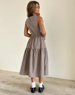 Motel Rocks Day Dresses | Midi Dresses-Galuh Smock Dress in Mini Brown Gingham