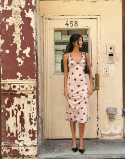 Motel Rocks Printed Dresses | Day Dresses-Gandira Midi Dress in Cluster Ditsy Floral Flock Nude