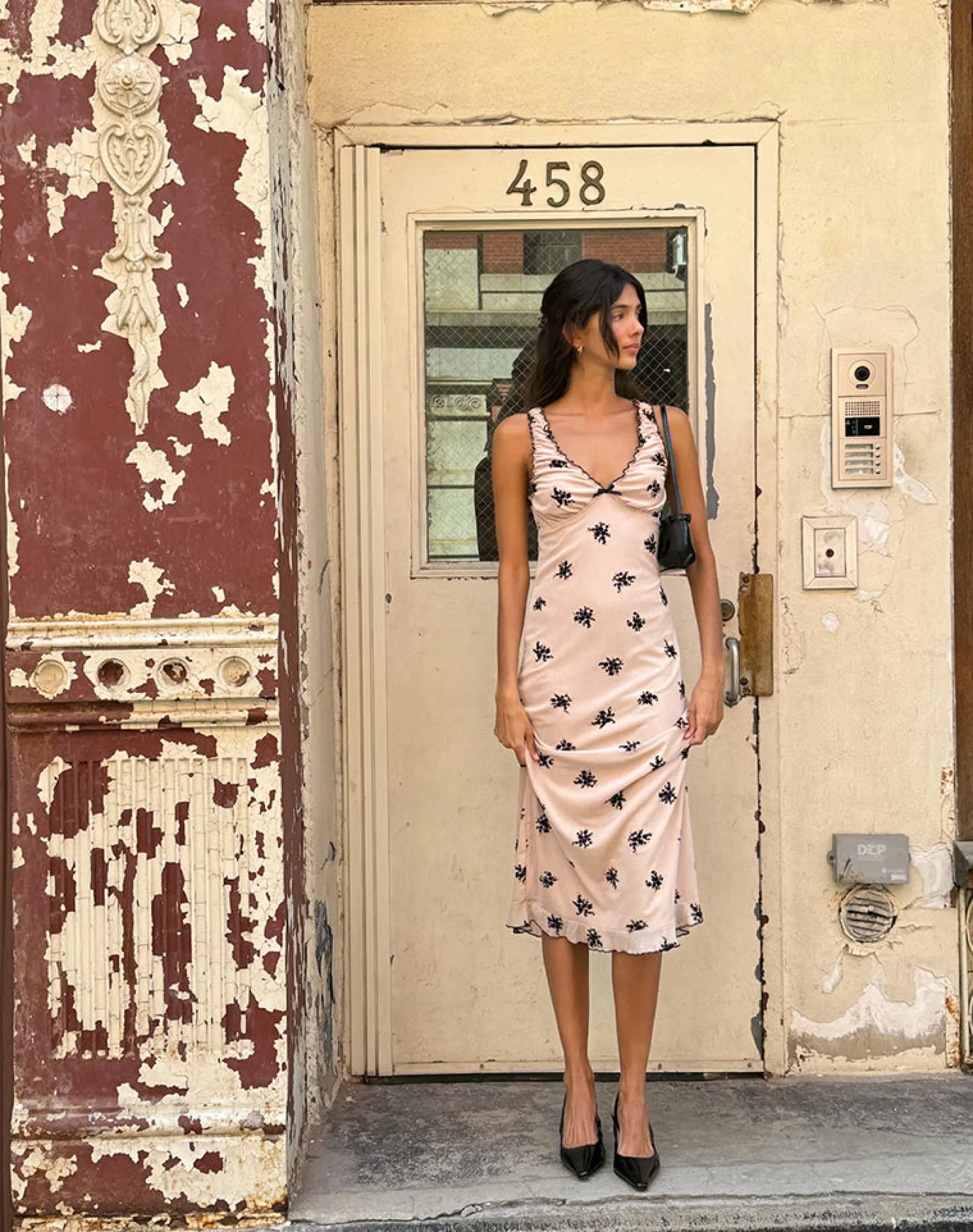 Motel Rocks Printed Dresses | Day Dresses-Gandira Midi Dress in Cluster Ditsy Floral Flock Nude