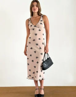 Motel Rocks Printed Dresses | Day Dresses-Gandira Midi Dress in Cluster Ditsy Floral Flock Nude