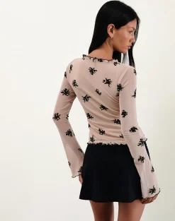Motel Rocks Tailoring | Long Sleeve Tops-Ganin Long Sleeve Top in Ditsy Flock Floral Nude Mesh