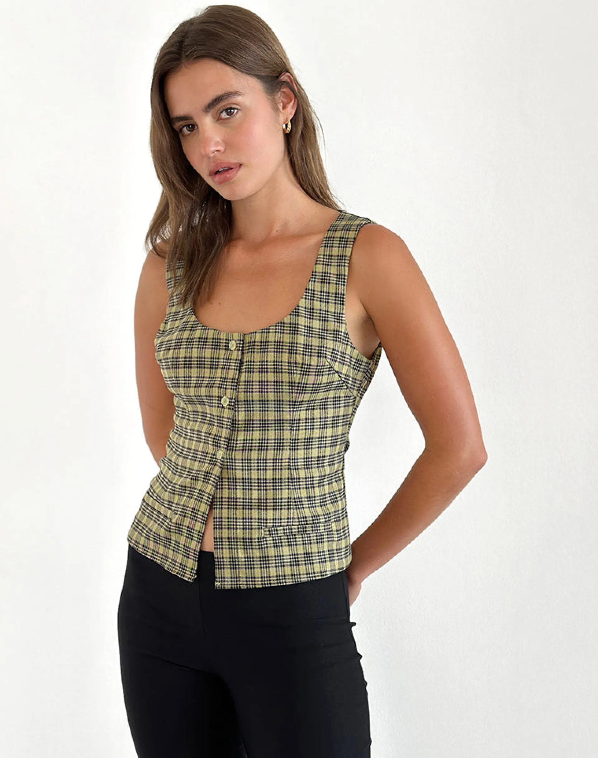 Motel Rocks Tailoring | Vest Tops-Ganita Button Through Vest Top in Yellow Check YellowCheck
