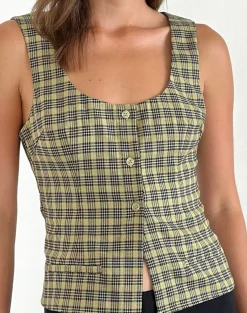 Motel Rocks Tailoring | Vest Tops-Ganita Button Through Vest Top in Yellow Check YellowCheck