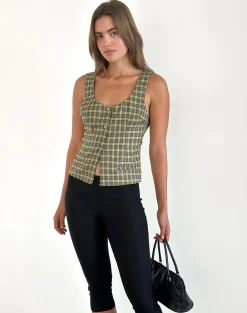 Motel Rocks Tailoring | Vest Tops-Ganita Button Through Vest Top in Yellow Check YellowCheck