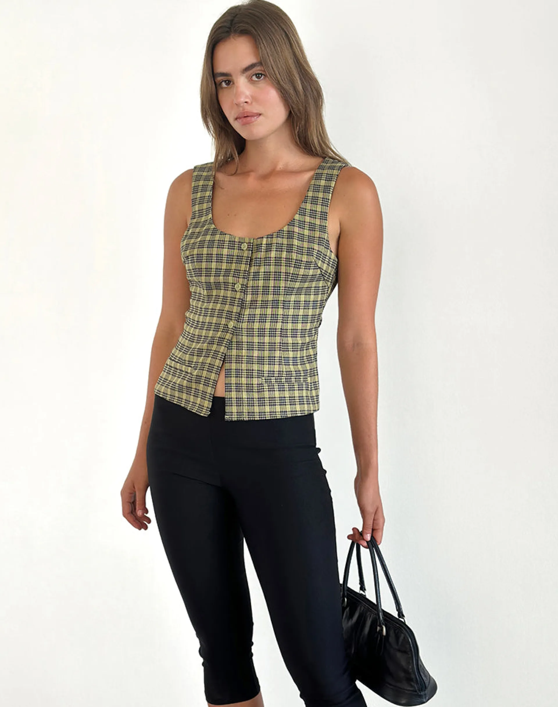 Motel Rocks Tailoring | Vest Tops-Ganita Button Through Vest Top in Yellow Check YellowCheck