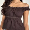 Motel Rocks Going Out Tops-Gapita Bardot Top in Poplin Deep Mahogany