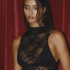 Motel Rocks Lace Tops-Garfie Unlined Hooded Top in Abstract Lace Black