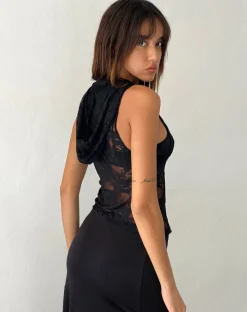 Motel Rocks Lace Tops-Garfie Unlined Hooded Top in Abstract Lace Black