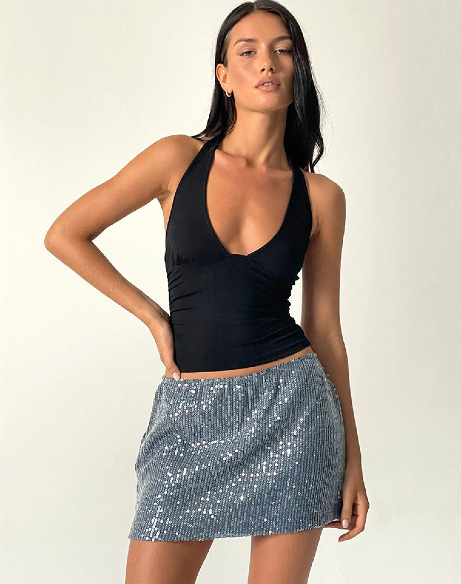Motel Rocks Mini Skirts-Garida Mini Skirt in Silver Sequin SilverSequin