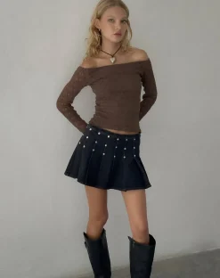 Motel Rocks Pleated Skirts-Gatlin Pleated Denim Mini Skirt in Black Wash with Studs
