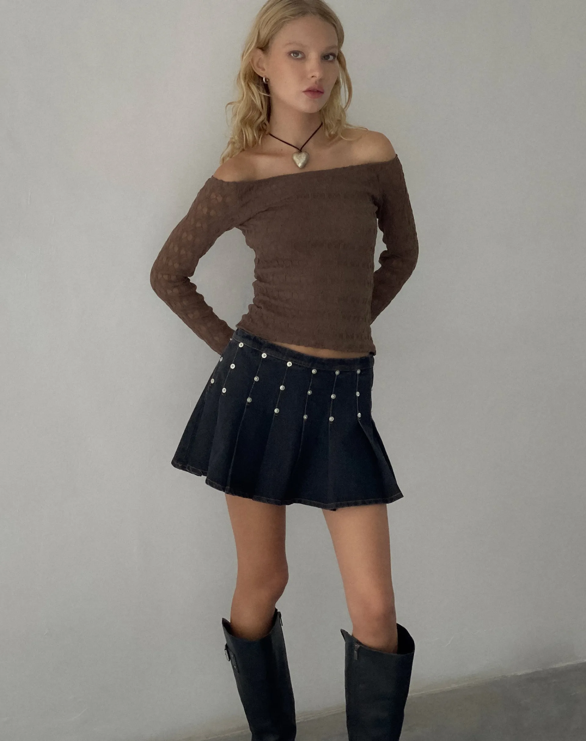 Motel Rocks Pleated Skirts-Gatlin Pleated Denim Mini Skirt in Black Wash with Studs