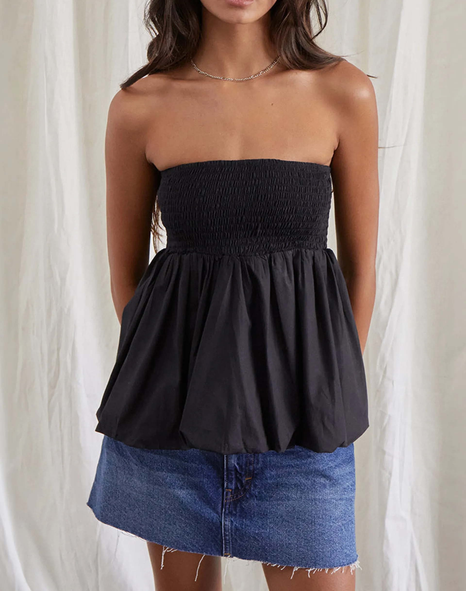 Motel Rocks Bandeau Tops | Going Out Tops-Gaux Puffball Shirred Bandeau Top in Black