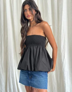 Motel Rocks Bandeau Tops | Going Out Tops-Gaux Puffball Shirred Bandeau Top in Black