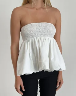 Motel Rocks Bandeau Tops-Gaux Puffball Shirred Top in Poplin Ivory PoplinIvory