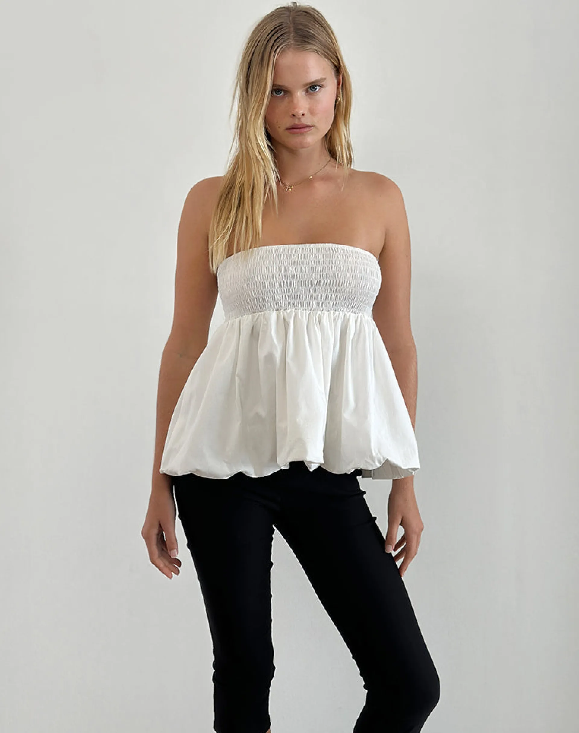 Motel Rocks Bandeau Tops-Gaux Puffball Shirred Top in Poplin Ivory PoplinIvory