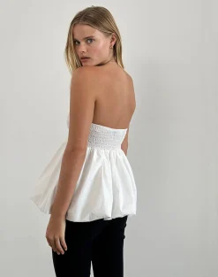 Motel Rocks Bandeau Tops-Gaux Puffball Shirred Top in Poplin Ivory PoplinIvory