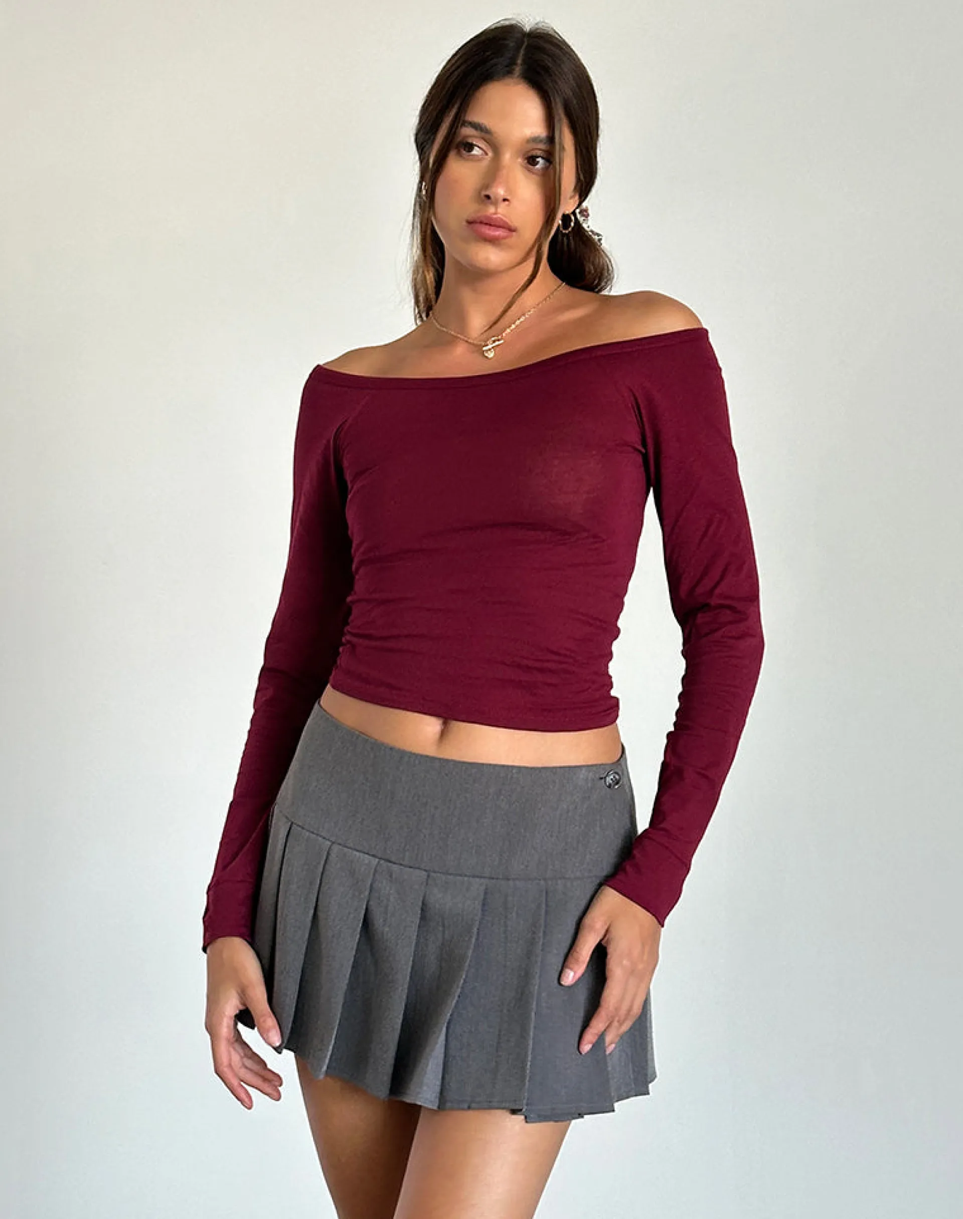 Motel Rocks Basics | Basic Tops-Gavya Bardot Long Sleeve Top in Burgundy