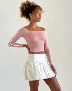 Motel Rocks Basic Tops | Long Sleeve Tops-Gavya Bardot Long Sleeve Top in Pink Lady with White Stripe PinkLadywithWhiteStripe
