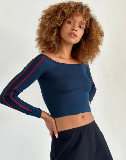Motel Rocks Basics | Basic Tops-Gavya Bardot Long Sleeve Top in Navy with Adrenaline Red Stripe NavywithAdrenalineRedStripe