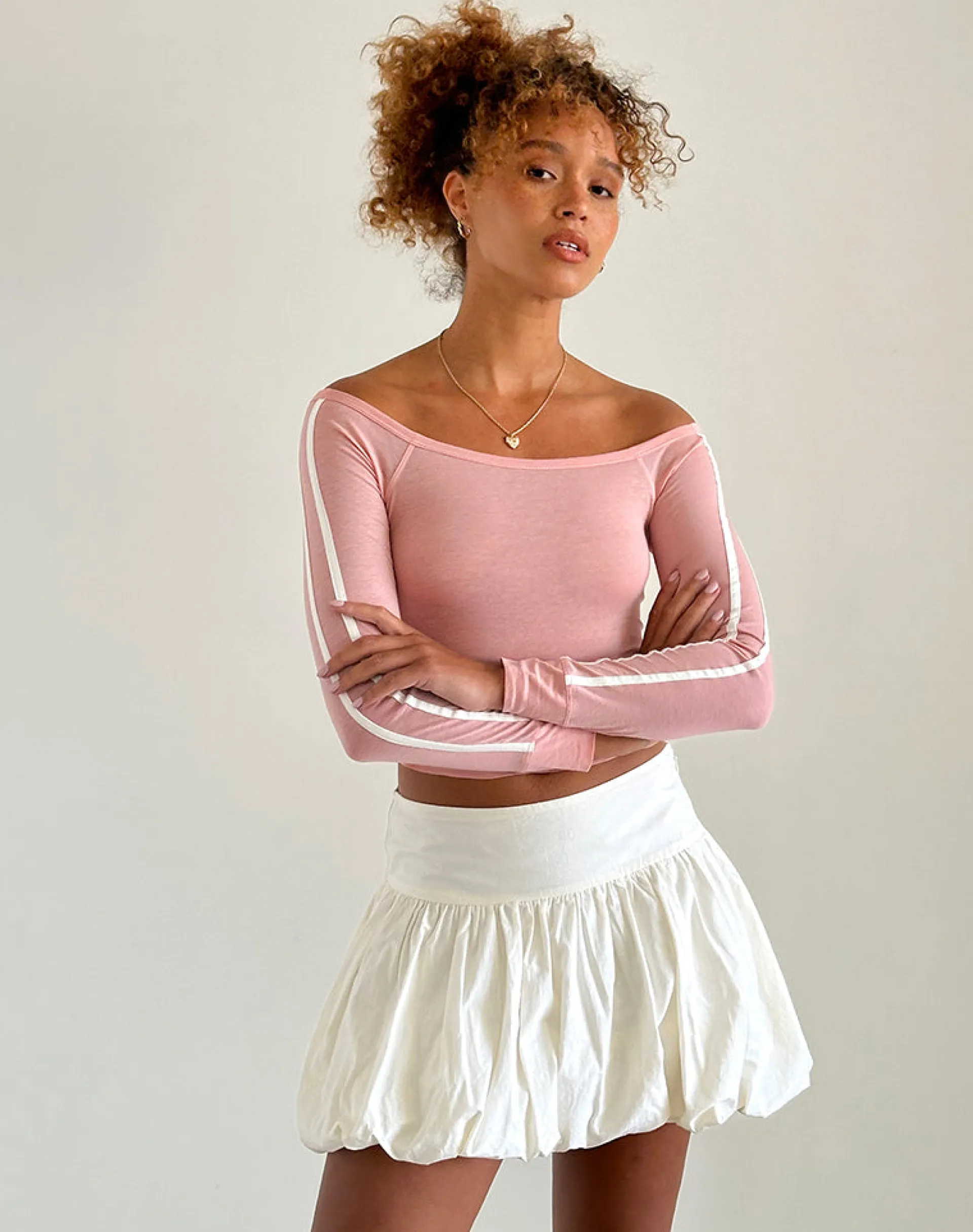 Motel Rocks Basic Tops | Long Sleeve Tops-Gavya Bardot Long Sleeve Top in Pink Lady with White Stripe PinkLadywithWhiteStripe