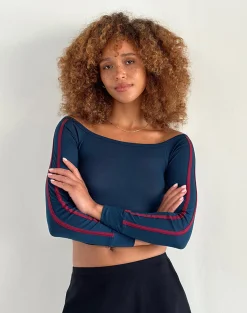 Motel Rocks Basics | Basic Tops-Gavya Bardot Long Sleeve Top in Navy with Adrenaline Red Stripe NavywithAdrenalineRedStripe