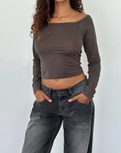 Motel Rocks Basics | Basic Tops-Gavya Long Sleeve Bardot Top in Olive Jersey OliveJersey