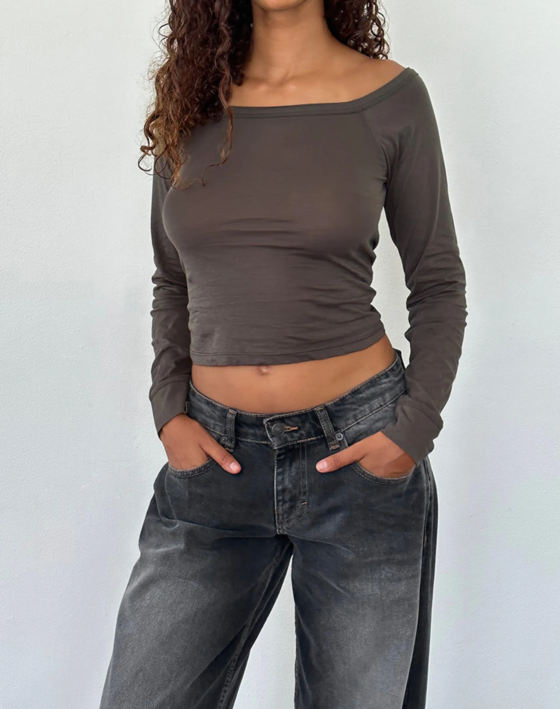 Motel Rocks Basics | Basic Tops-Gavya Long Sleeve Bardot Top in Olive Jersey OliveJersey