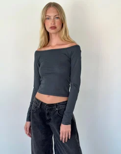 Motel Rocks Basics | Basic Tops-Gavya Long Sleeve Bardot Top in Ocean Storm Jersey OceanStormJersey