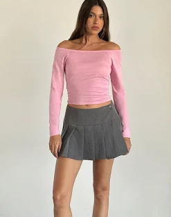 Motel Rocks Basics | Basic Tops-Gavya Long Sleeve Bardot Top in Flamingo Pink FlamingoPink