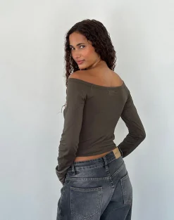 Motel Rocks Basics | Basic Tops-Gavya Long Sleeve Bardot Top in Olive Jersey OliveJersey