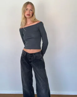Motel Rocks Basics | Basic Tops-Gavya Long Sleeve Bardot Top in Ocean Storm Jersey OceanStormJersey