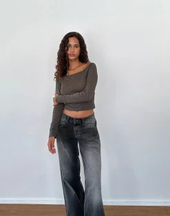 Motel Rocks Basics | Basic Tops-Gavya Long Sleeve Bardot Top in Olive Jersey OliveJersey