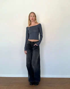 Motel Rocks Basics | Basic Tops-Gavya Long Sleeve Bardot Top in Ocean Storm Jersey OceanStormJersey